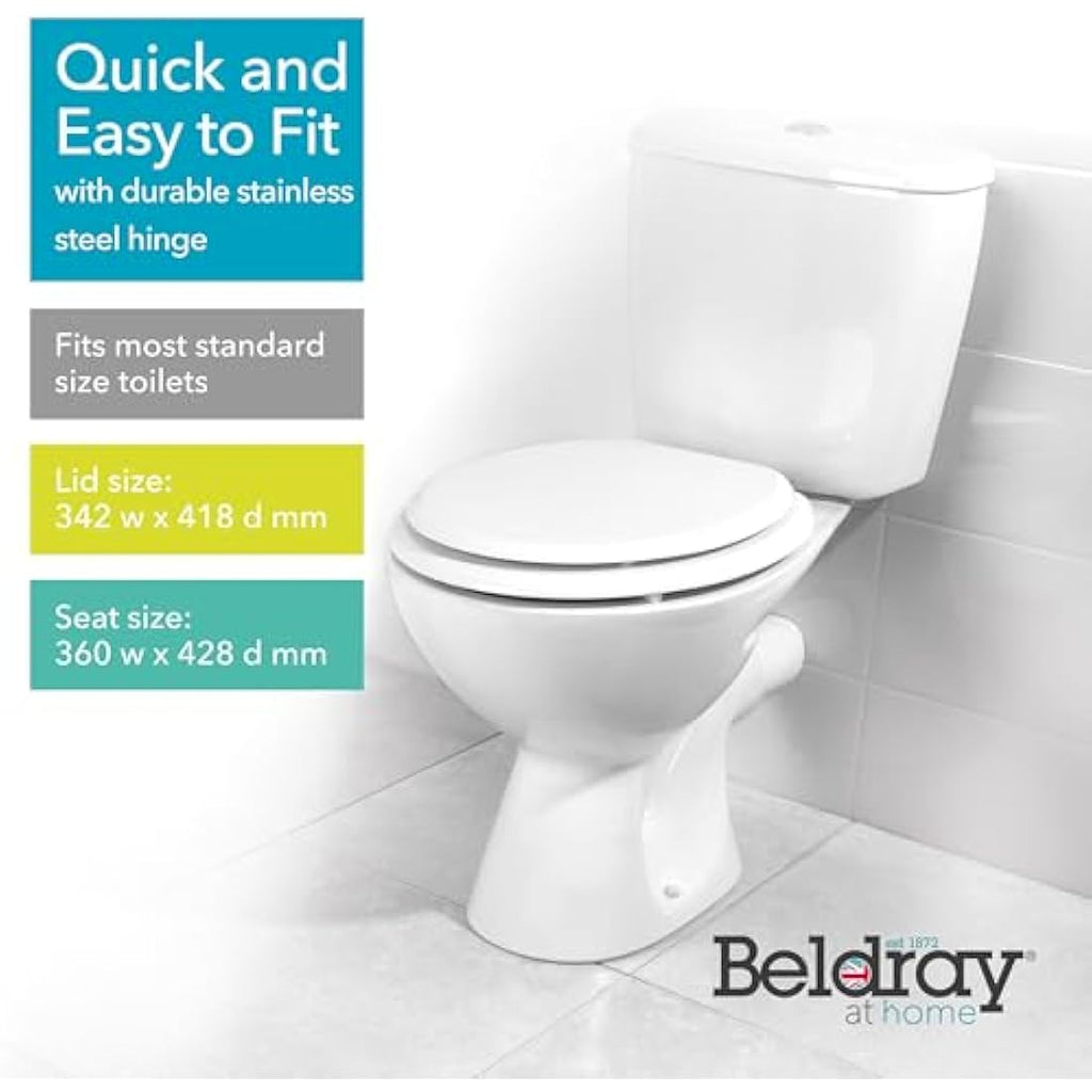 Beldray Oval White Wooden MDF Toilet Seat – Stainless Steel Hinges