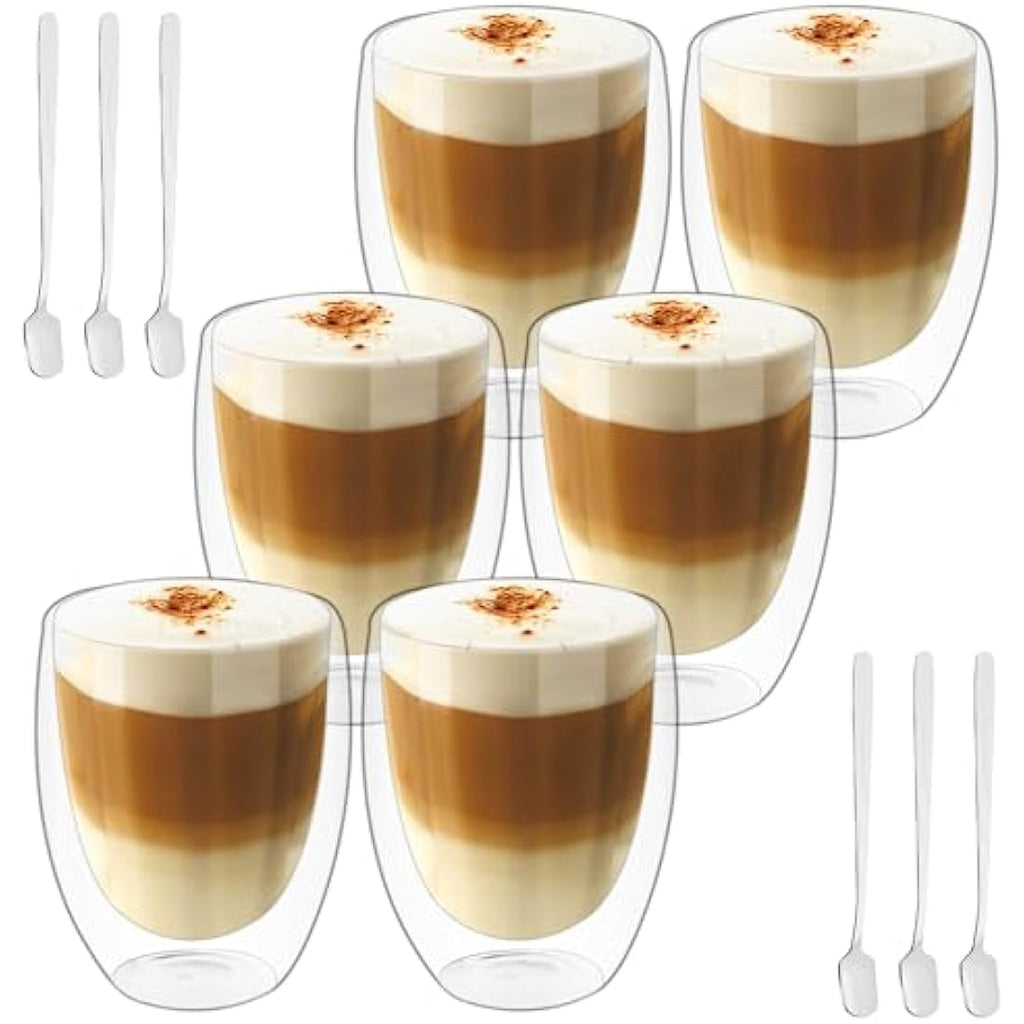 Jolof Store Double Walled Glass Coffee Mugs - 6pc 350ml Set with Spoons