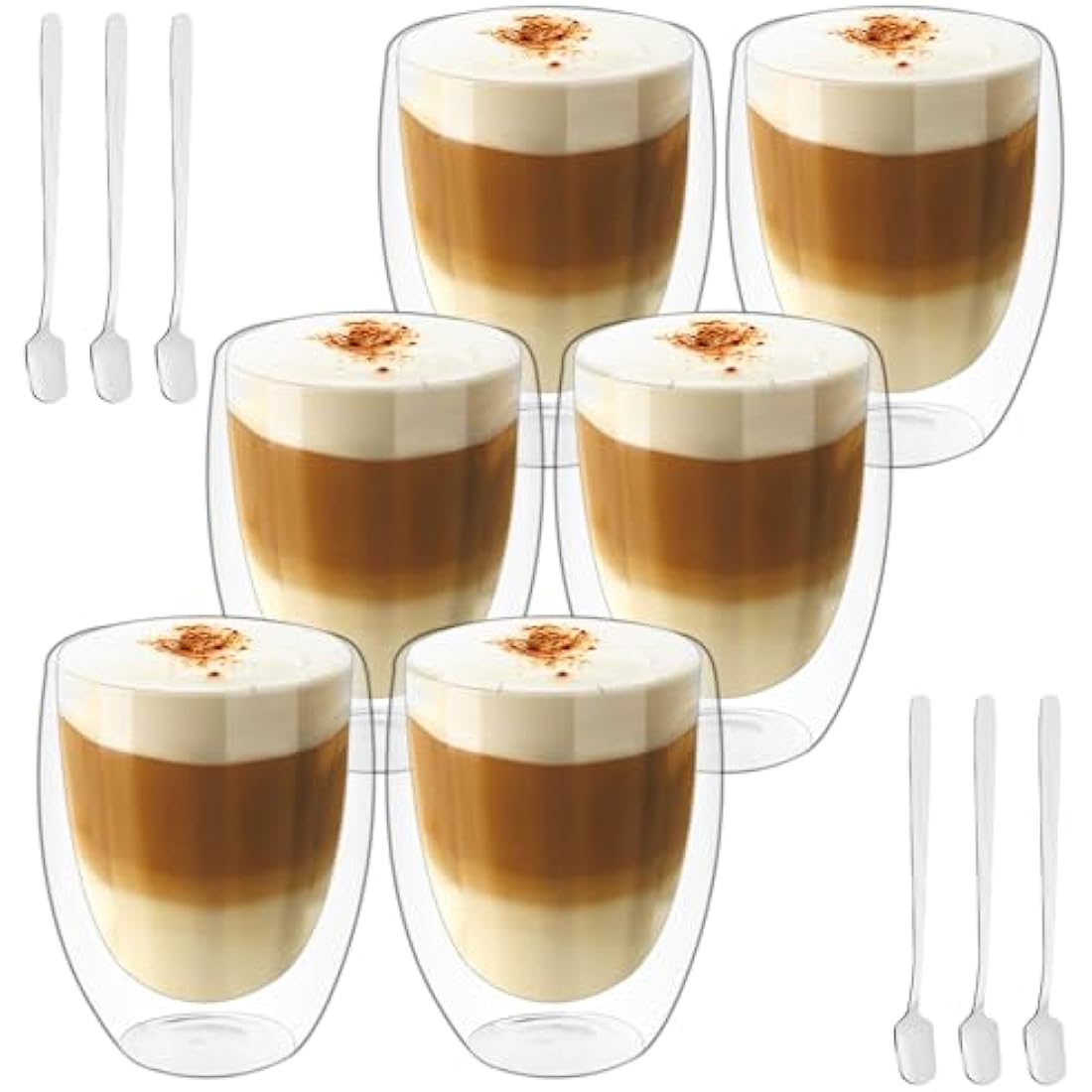 Jolof Store Double Walled Glass Coffee Mugs - 6pc 350ml Set with Spoons
