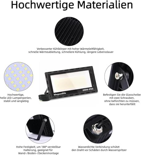 Wegoodlife 600W LED Outdoor Floodlight – 60000LM IP66 Waterproof Spotlight