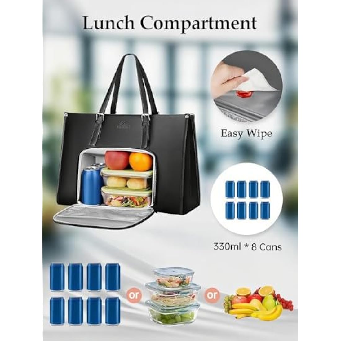 MATEIN 15.6 Inch Laptop Tote Bag with Insulated Lunch Compartment | Black