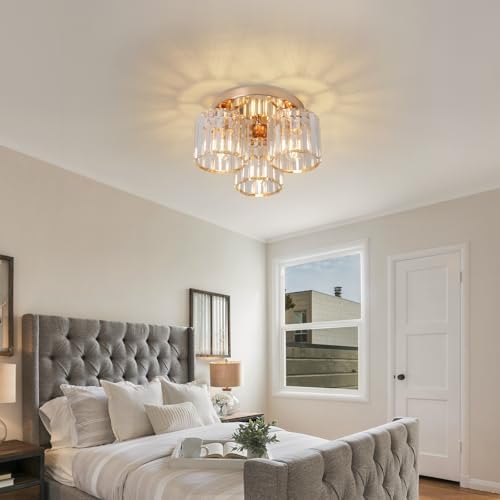 ZYDTRIP Modern Gold Crystal Chandelier – 3-Light Semi Flush Ceiling Fixture