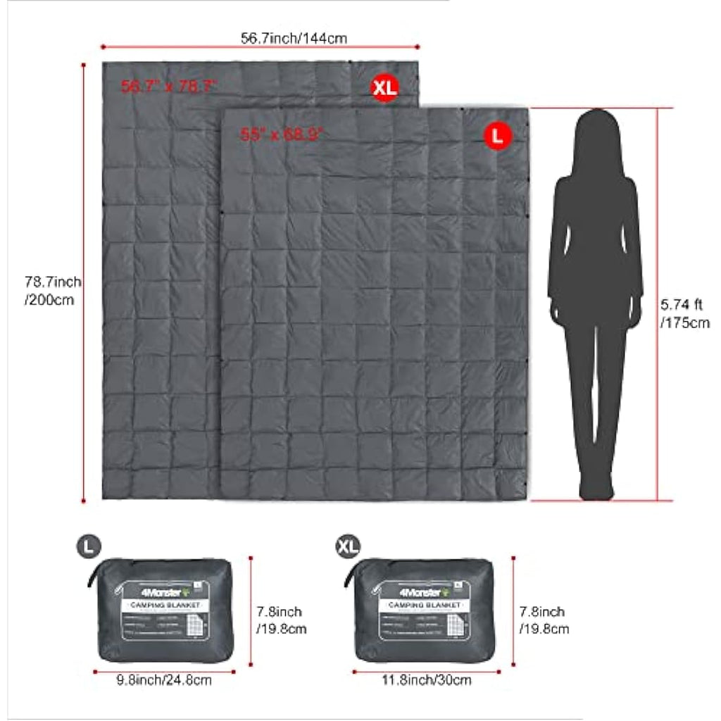 4Monster Packable Camping Blanket | Insulated Waterproof Quilt – Grey XL