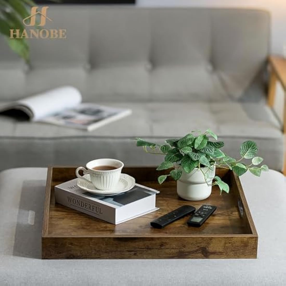 Hanobe Large Wooden Ottoman Serving Tray – 20" Square Coffee Table Platter