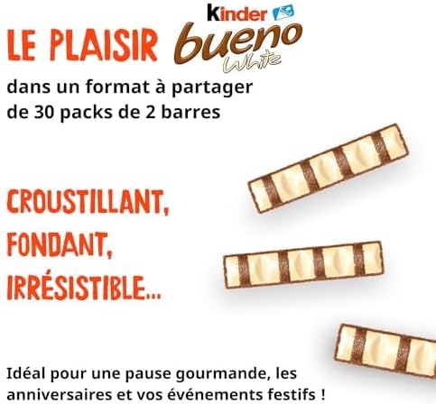 Kinder Bueno White Chocolate Hazelnut Wafer Bars - Bulk Pack of 60
