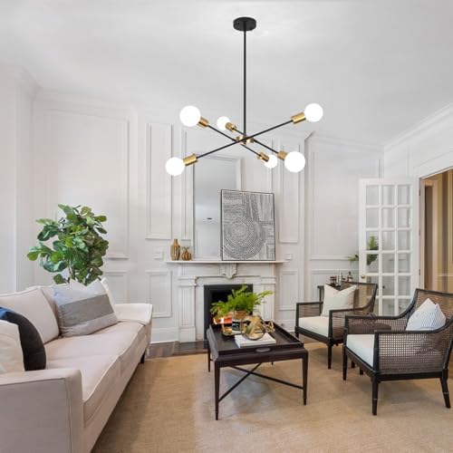 QAREHL 6-Arm Sputnik Chandelier – Modern Black and Gold Ceiling Light