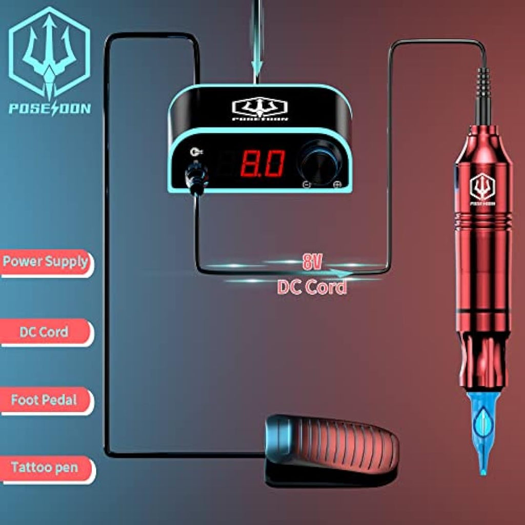 Poseidon Rotary Tattoo Pen Kit - Complete Machine Set with 20 Cartridges