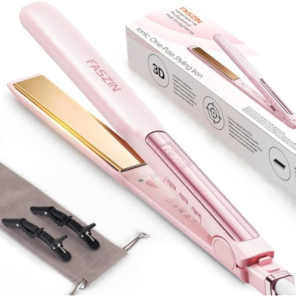 Faszin Ionic Titanium Hair Straightener – Fast Heat Flat Iron with LCD, Pink