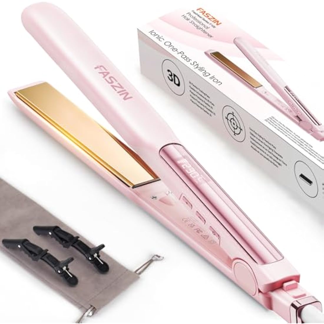Faszin Ionic Titanium Hair Straightener – Fast Heat Flat Iron with LCD, Pink