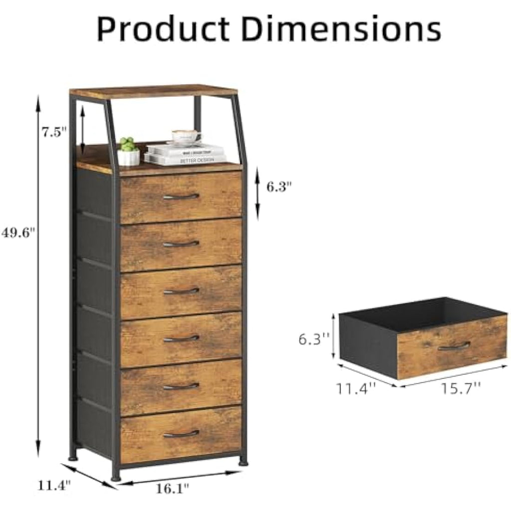 6-Drawer Fabric Dresser – Rustic Brown Tall Storage Chest