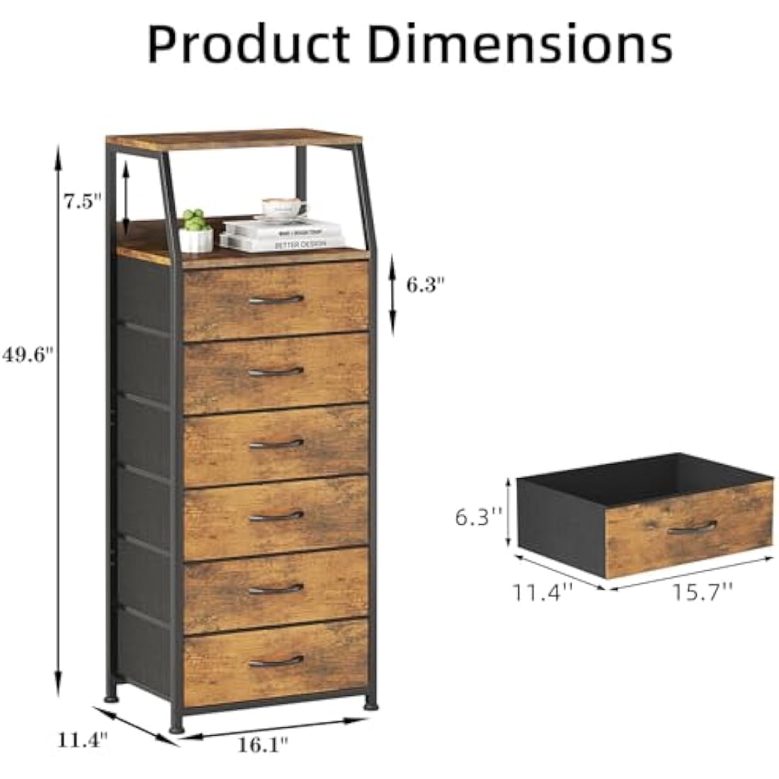 6-Drawer Fabric Dresser – Rustic Brown Tall Storage Chest