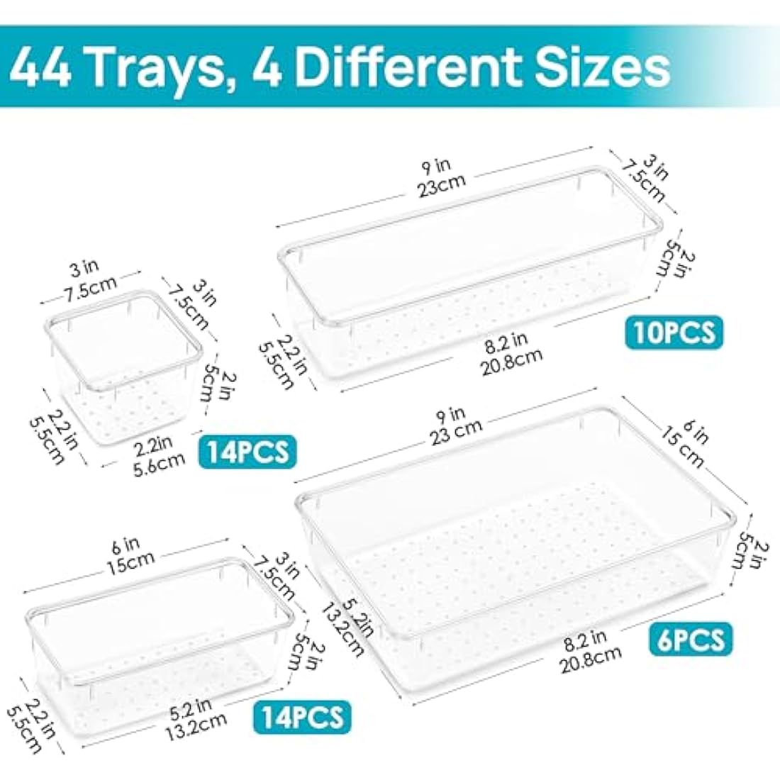 Vtopmart 44 Pack Clear Plastic Drawer Organisers | 4-Size Storage Bins