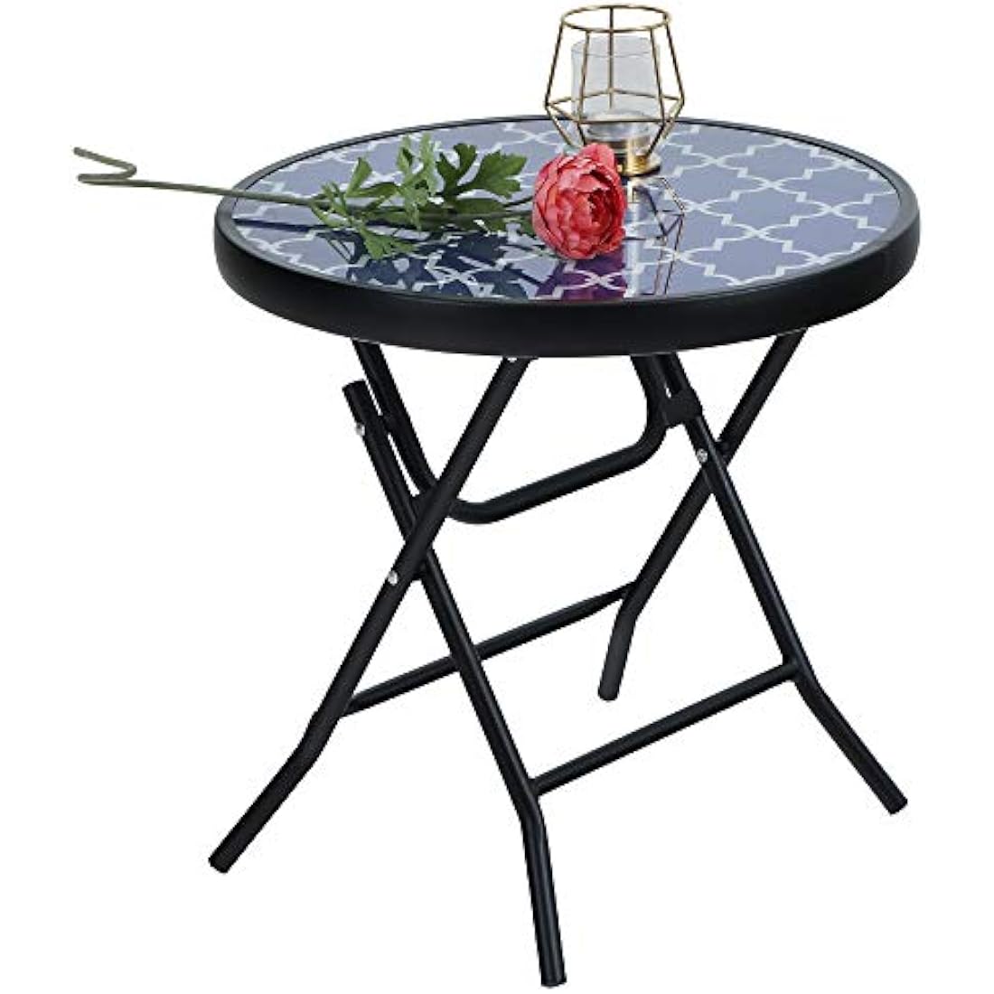 PHI VILLA Folding Side Table – Tempered Glass Round Patio Table, Blue