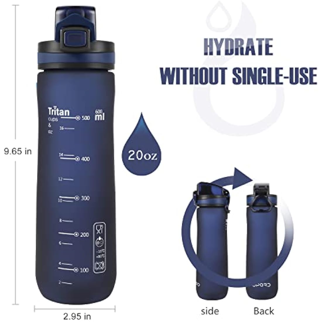 Opard Sports Water Bottle – 600ml BPA Free Tritan Plastic Leak Proof Lid