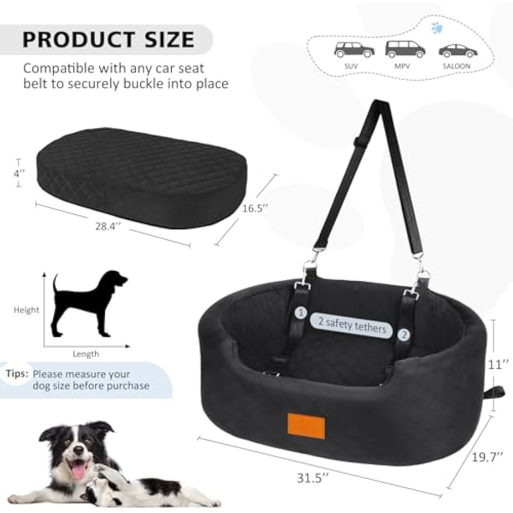 Jolof Store Dog Car Seat – Large Pet Booster Bed for SUV & Car (Black)