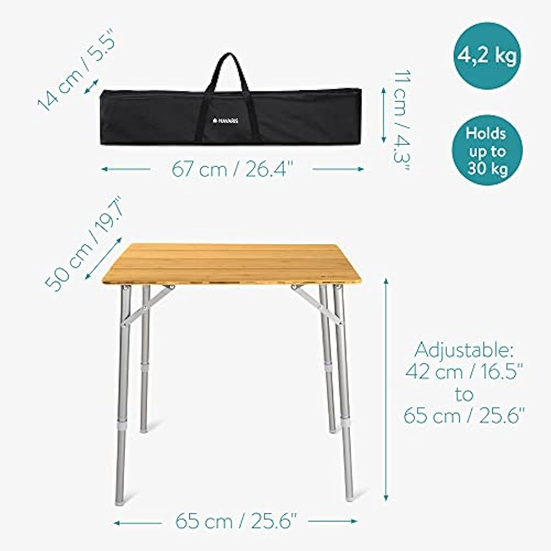 Navaris Bamboo Folding Camping Table | Height Adjustable Outdoor Desk