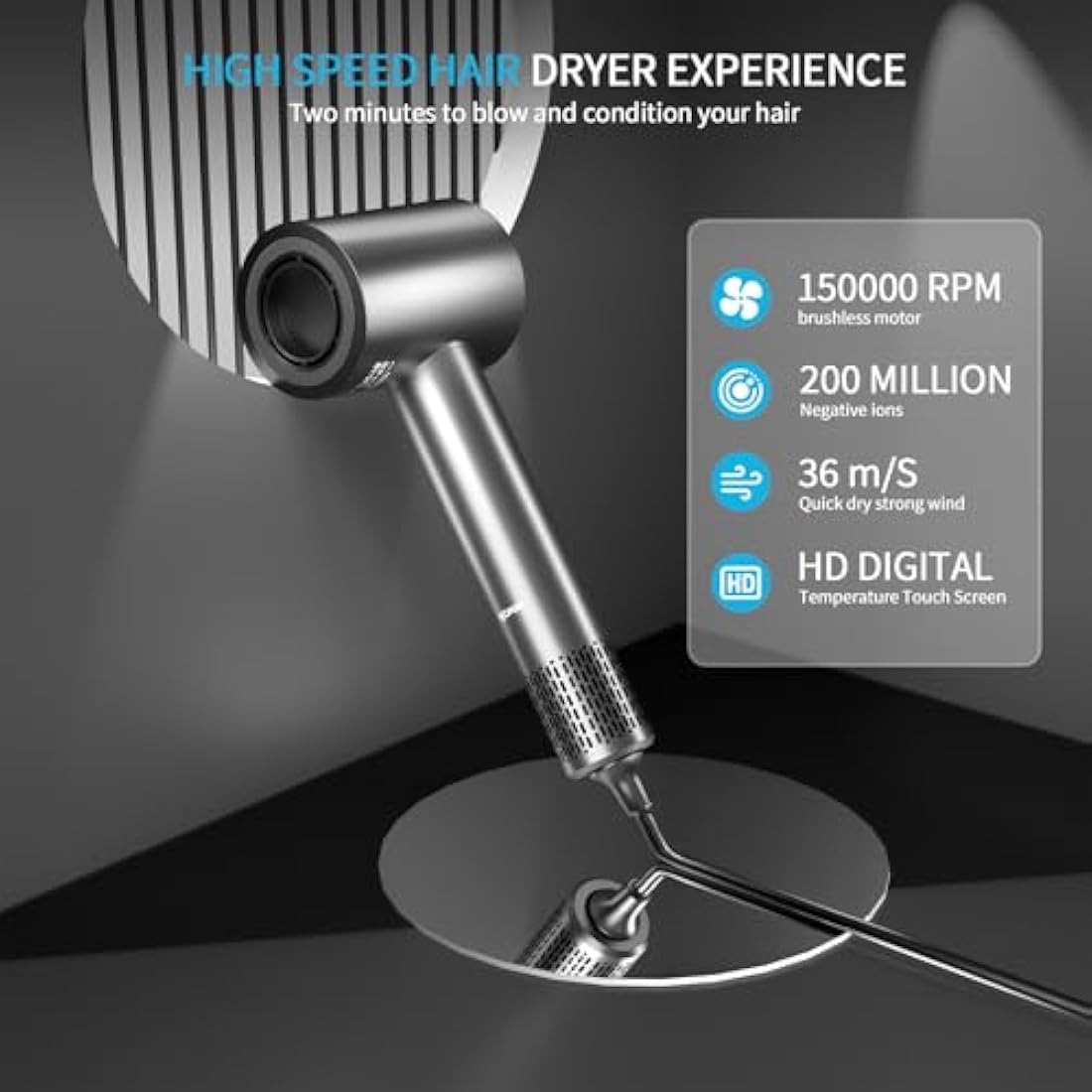 BAMCOO Ionic Hair Dryer – 1500W Silent Travel Hairdryer with HD Display