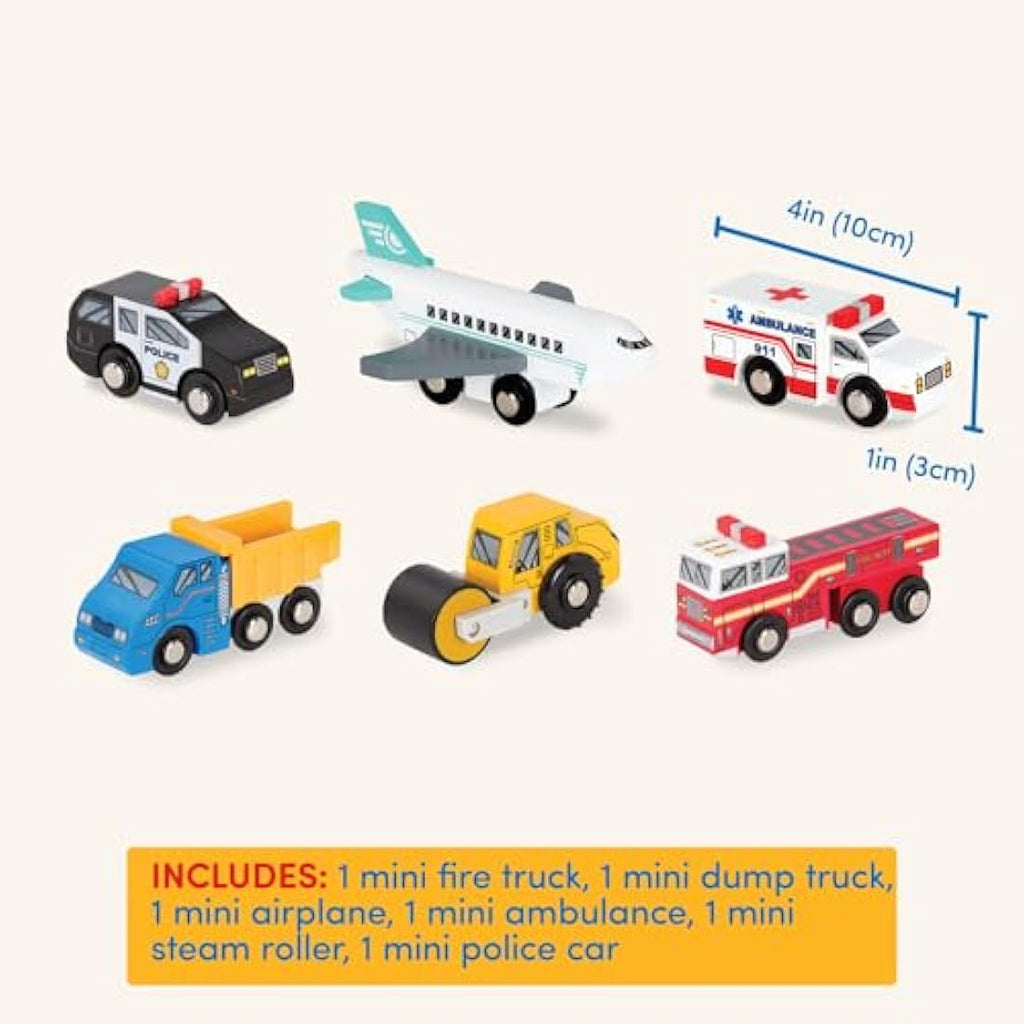 Battat Wooden Toy Cars Set – 6 Piece Rescue & Construction Vehicles