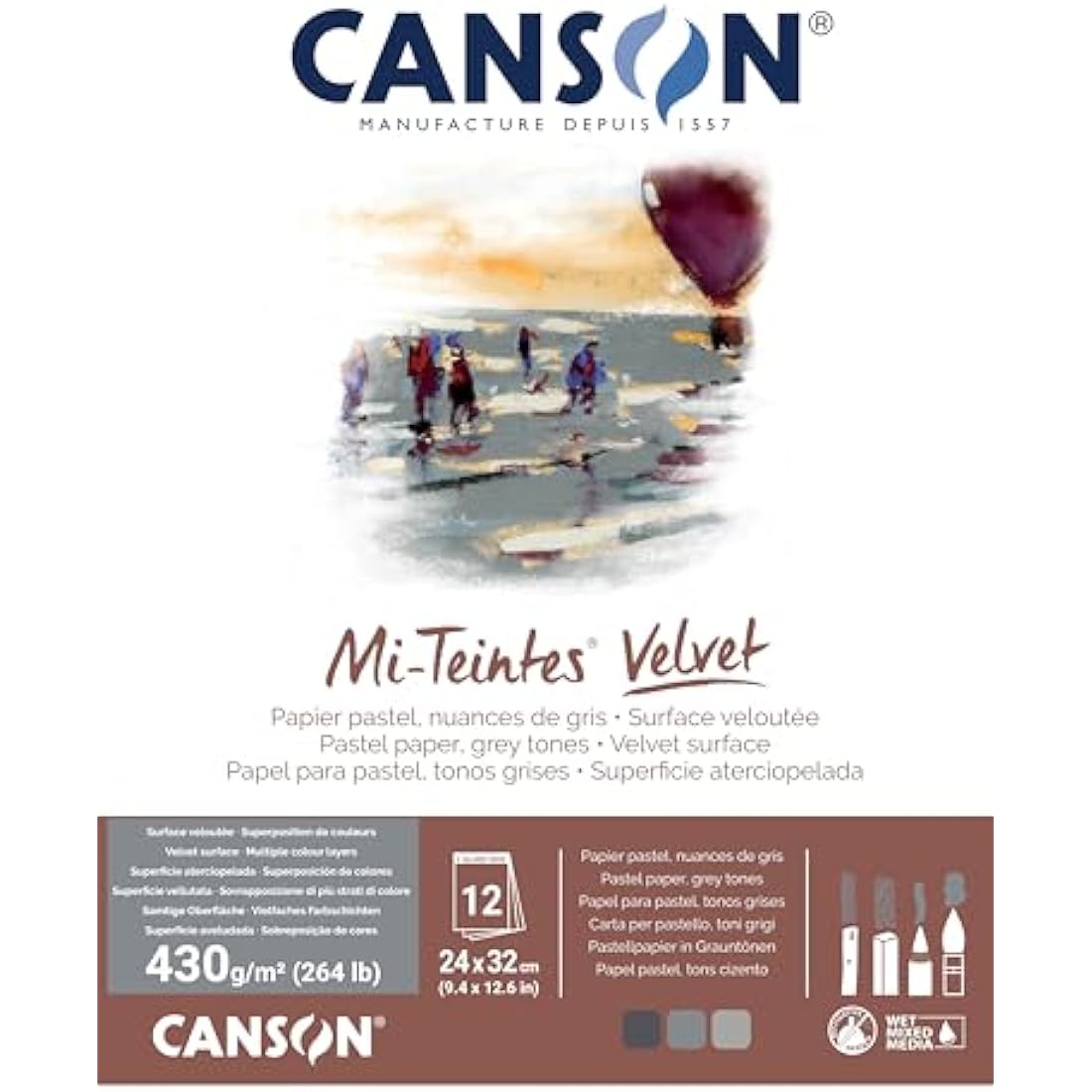 Canson Mi-Teintes Pastel Paper Pad, 3 Grey Tones, 9.4x12.6 Inches