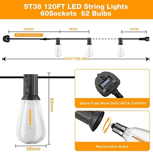 GLUROO 120FT Festoon Lights Outdoor | 62 Shatterproof LED Bulbs | 2200K