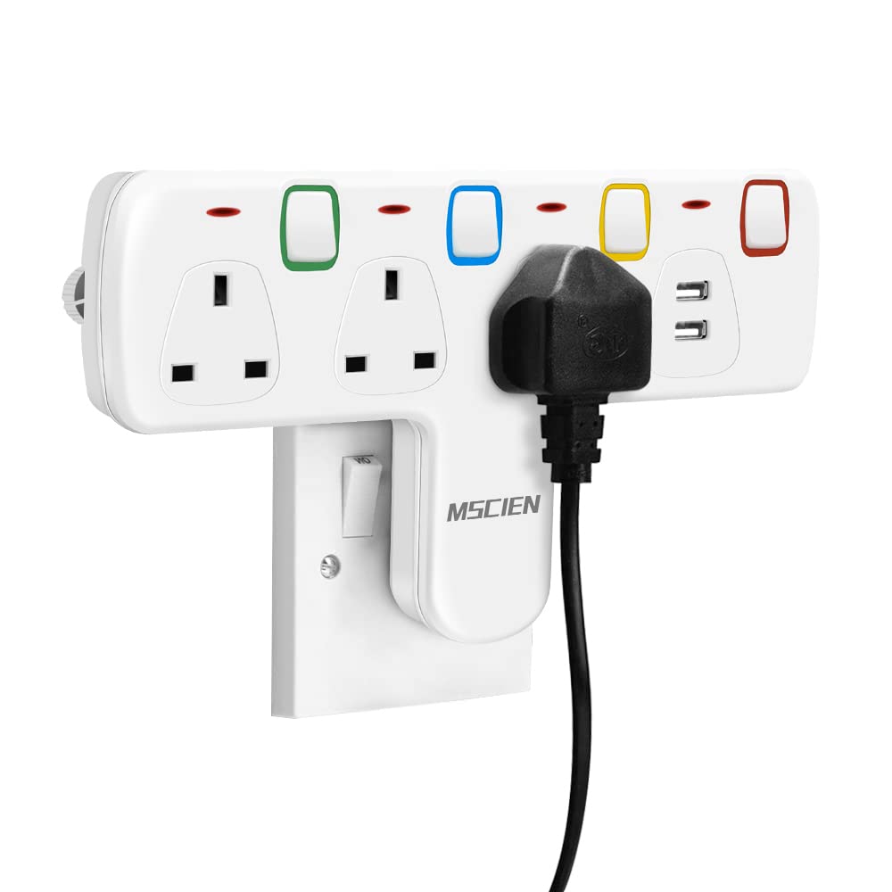 Mscien 3-Way Wall Socket Plug Adaptor with USB and Individual Switches