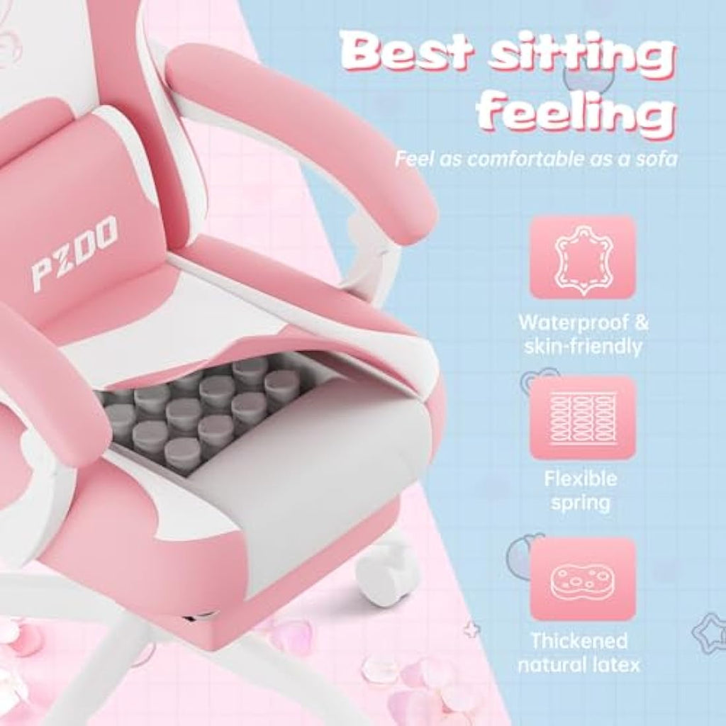 PZDO Pink Kawaii Gaming Chair | Ergonomic Latex Seat with Footrest