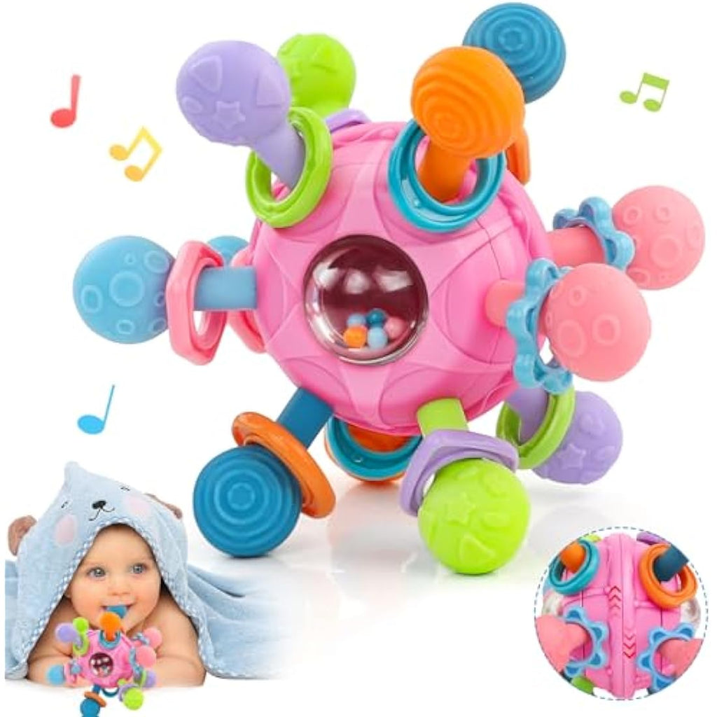 Baby Sensory Rattle & Teether Toy – Montessori Silicone Pink
