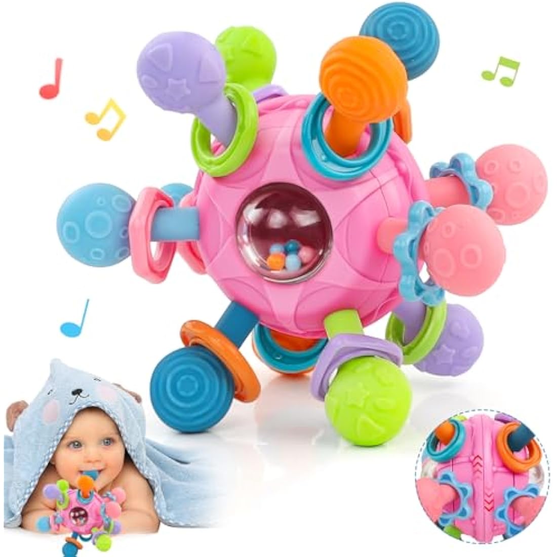 Baby Sensory Rattle & Teether Toy – Montessori Silicone Pink