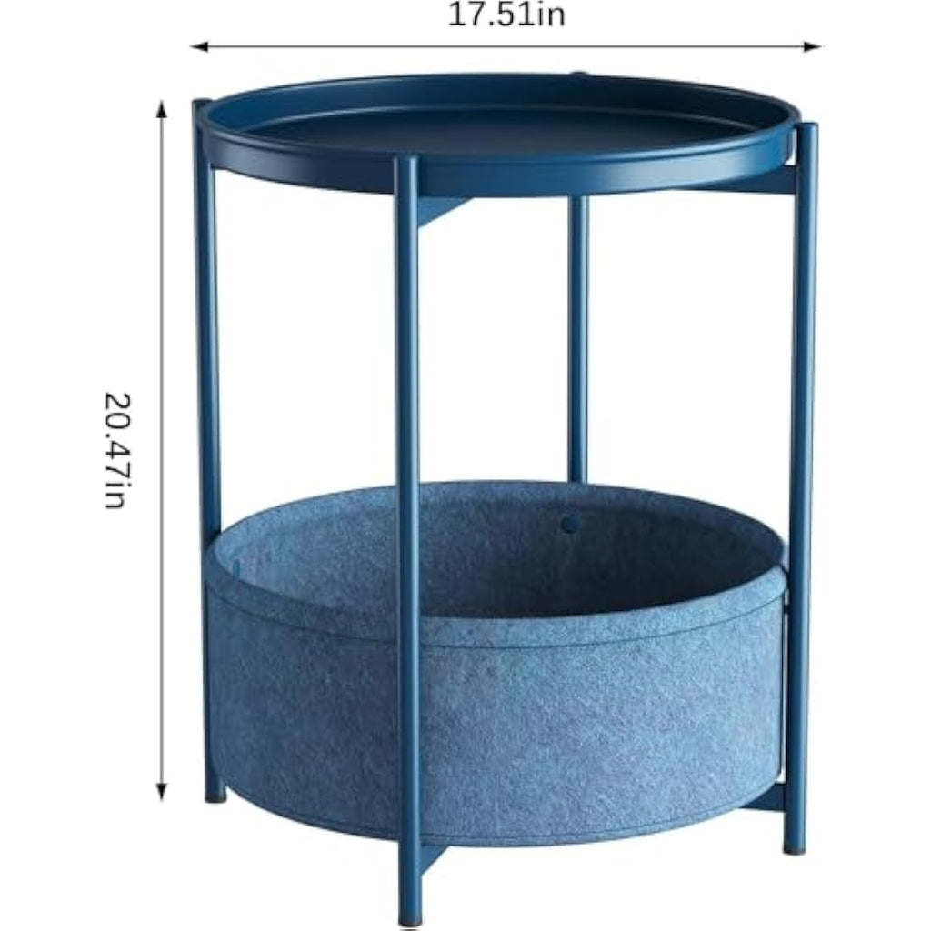 Huhote Round Side Table – Metal End Table with Storage Basket, Blue