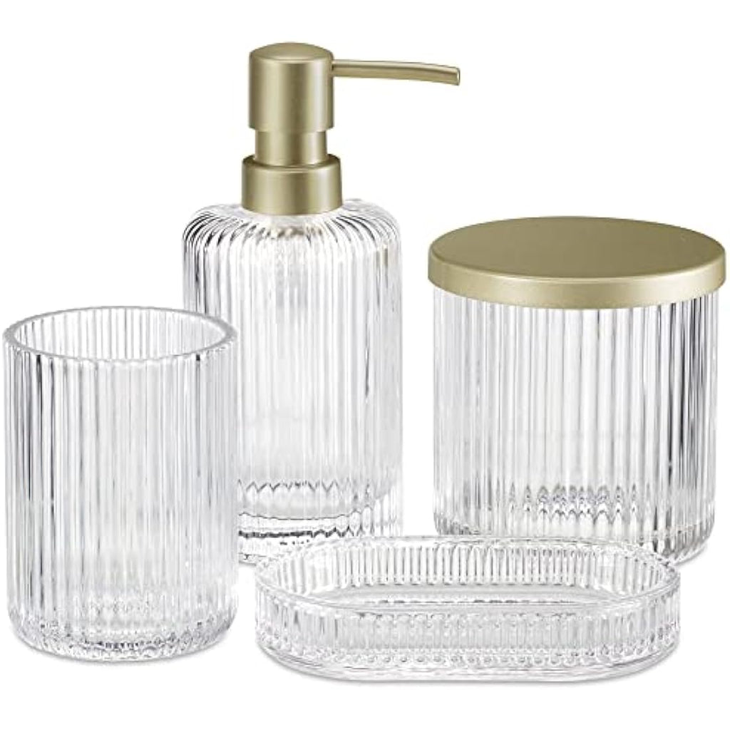 Navaris 4-Piece Ribbed Glass Bathroom Set | Clear & Gold Vanity Decor