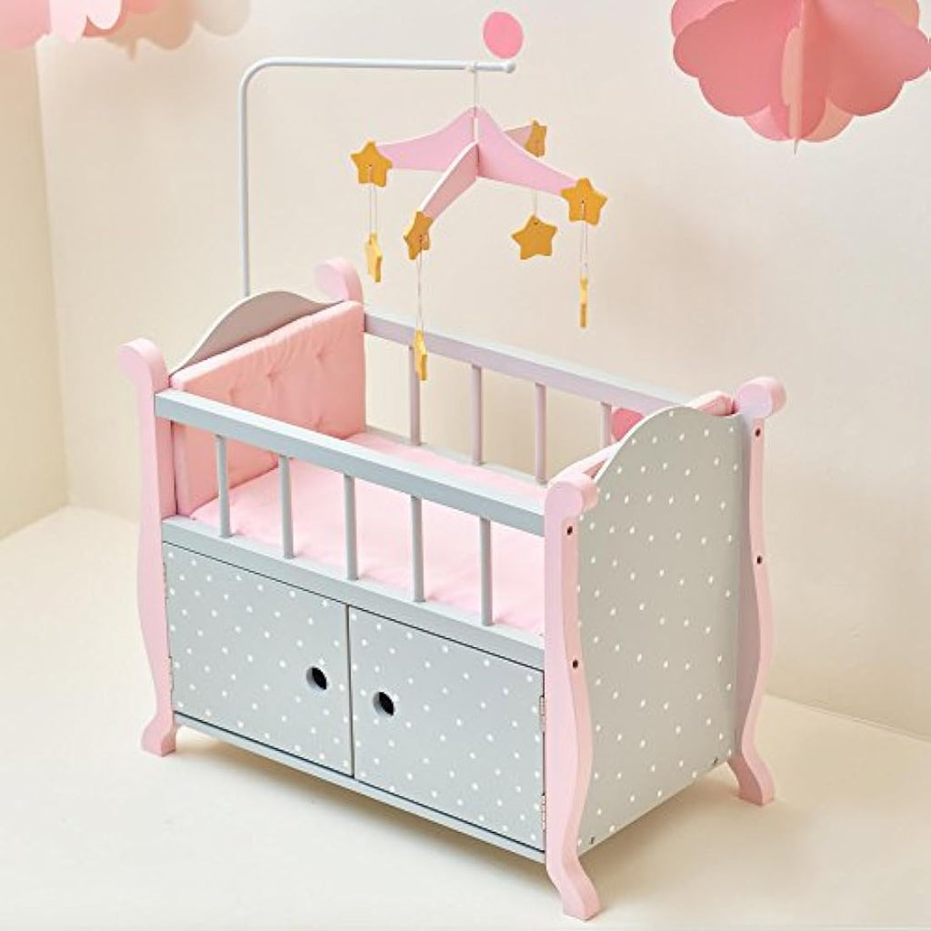 Olivia's Little World Wooden Baby Doll Crib with Storage – Grey/Pink