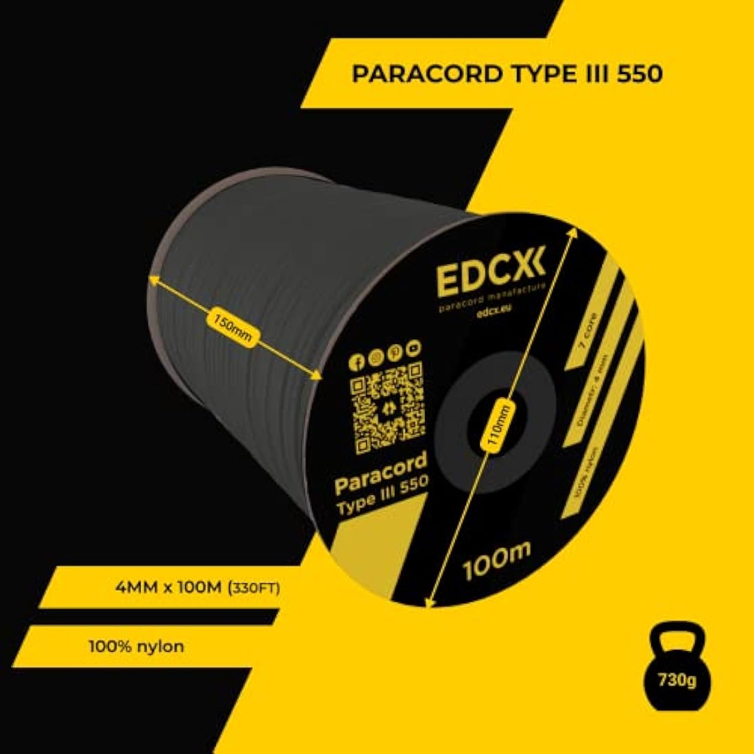 EDCX 550 Paracord – 4mm Type III 7-Strand Nylon Rope, 15m Spool