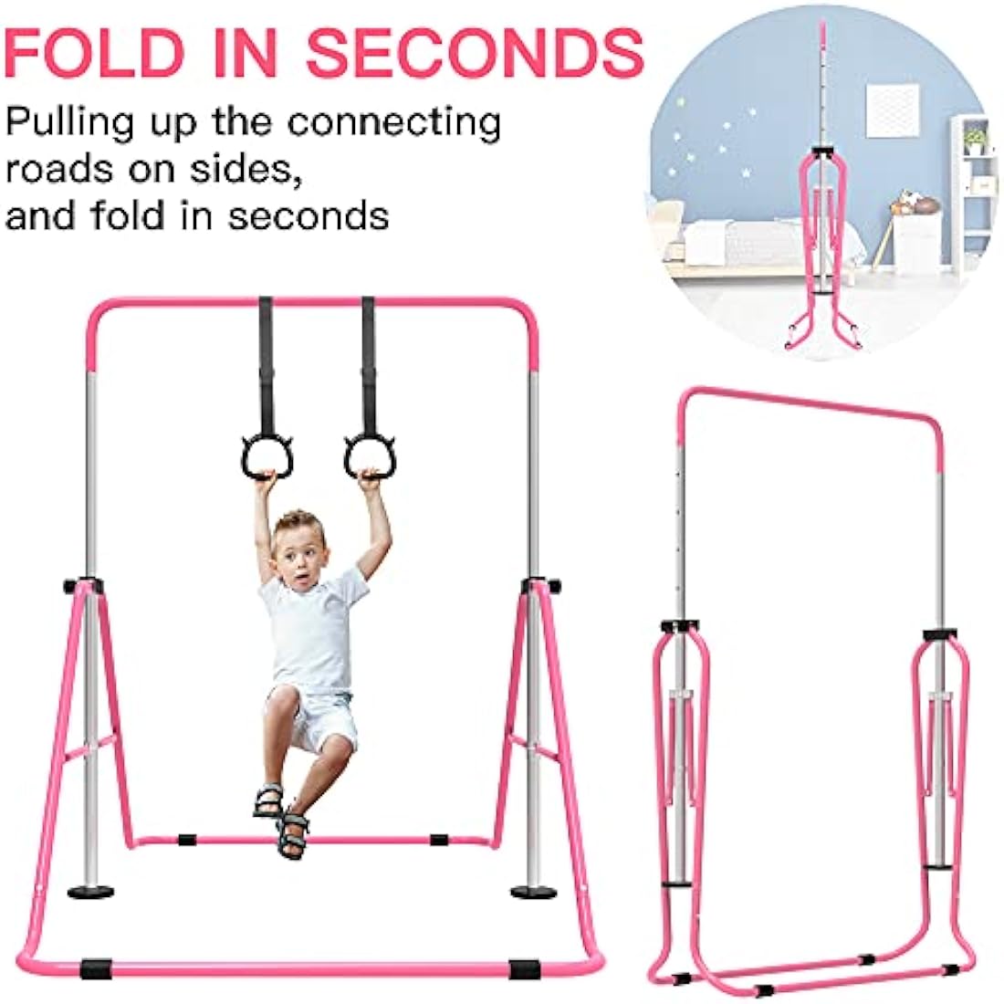 EVERYMILE Gymnastics Bar – Adjustable Folding Kip Bar with Rings for Kids