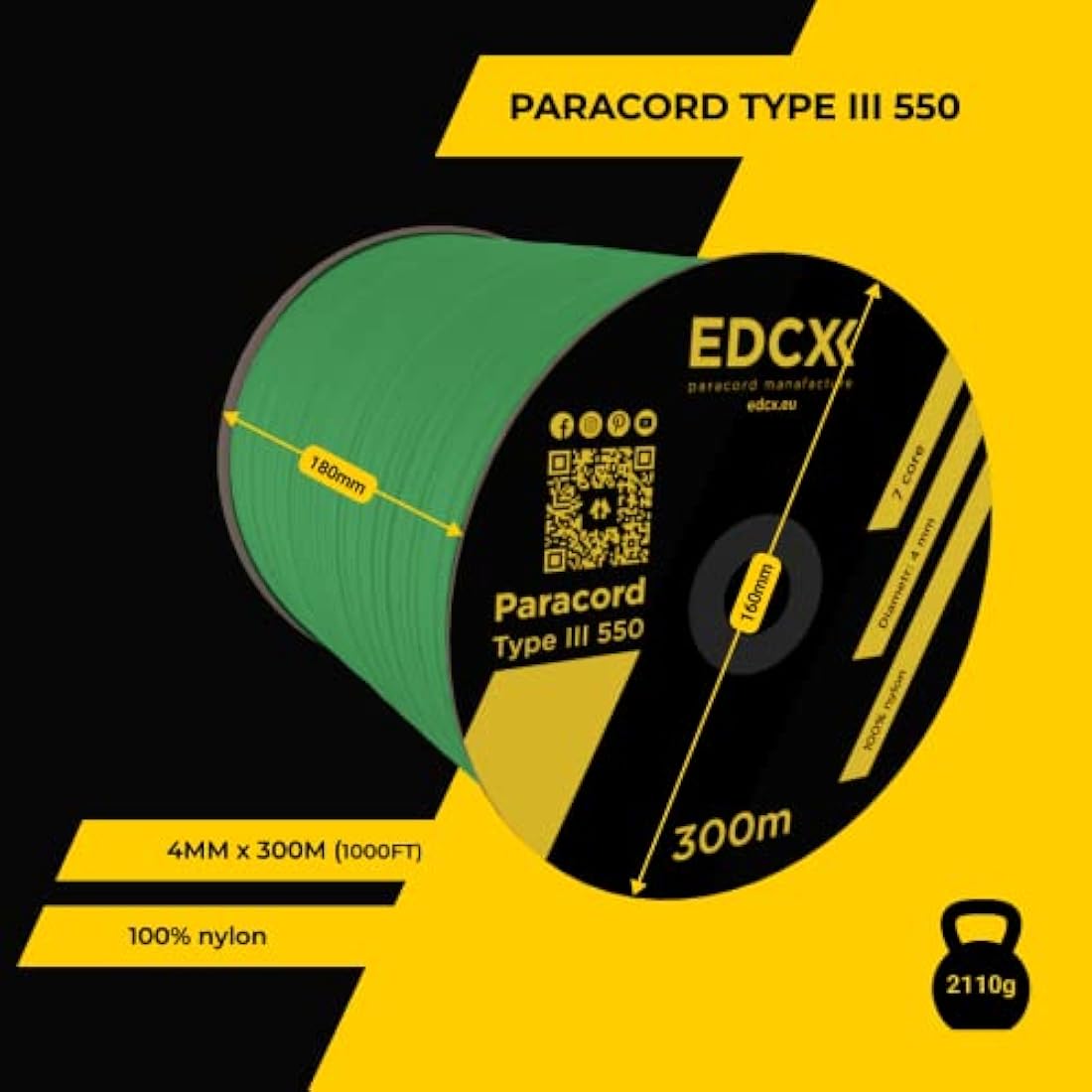 EDCX 550 Paracord – 4mm Type III 7-Strand Nylon Rope for Camping & DIY