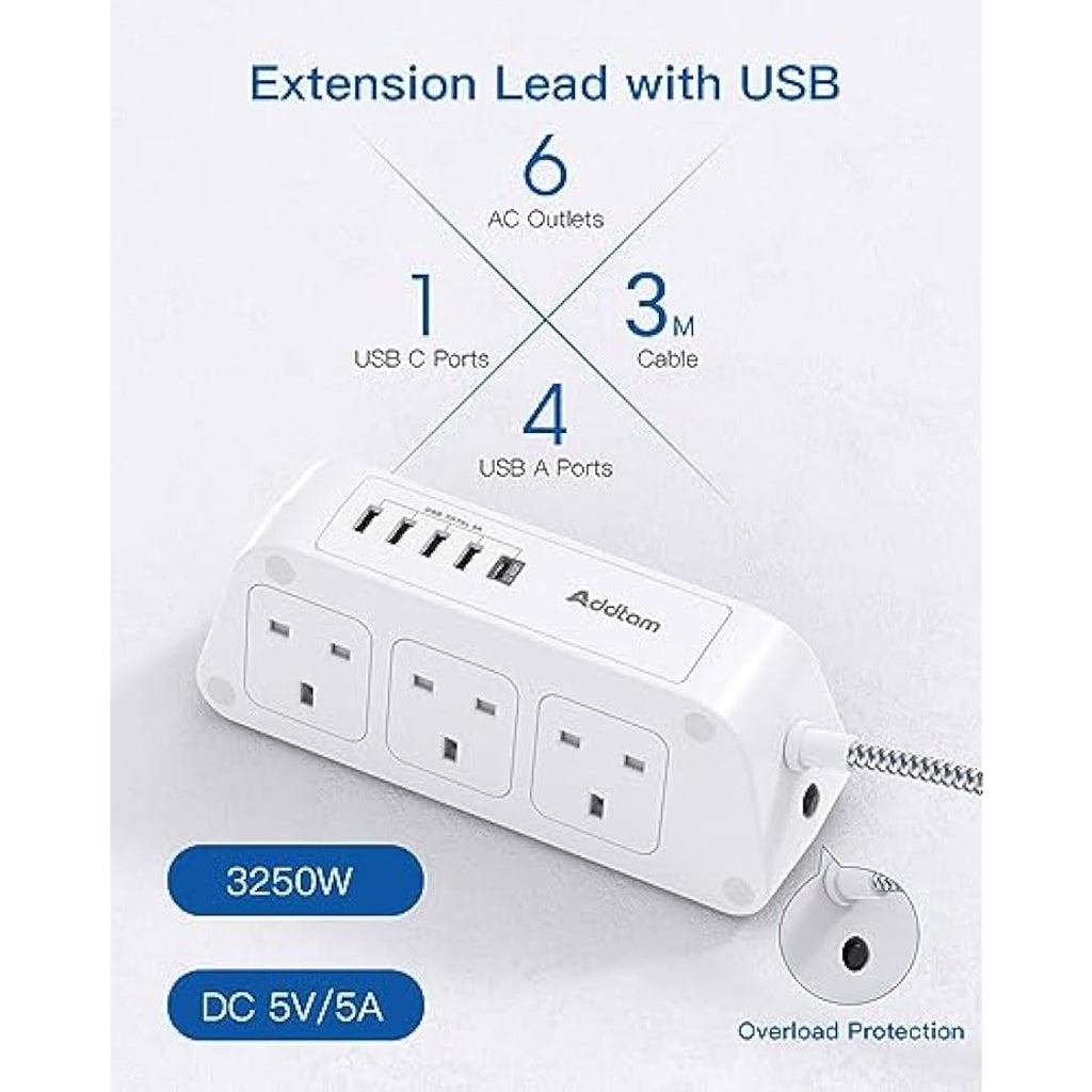 Addtam Extension Lead with 6 Outlets and 5 USB Ports – 3M Braided Cord