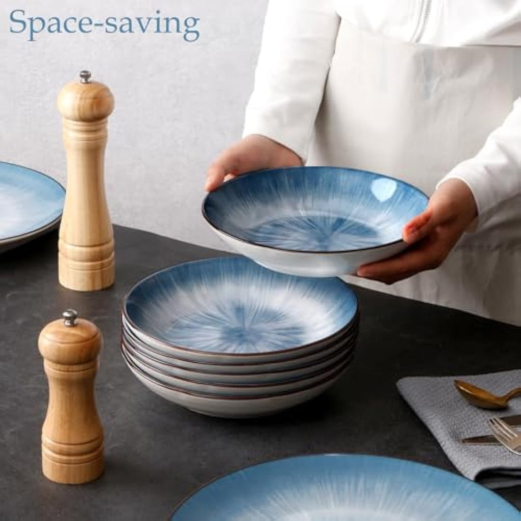 NUTRIUPS 8-Inch Ceramic Pasta Bowls - Set of 6 Blue Porcelain Plates
