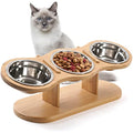 Raised Cat Feeding Station – 3 Stainless Steel Bowls & Bamboo