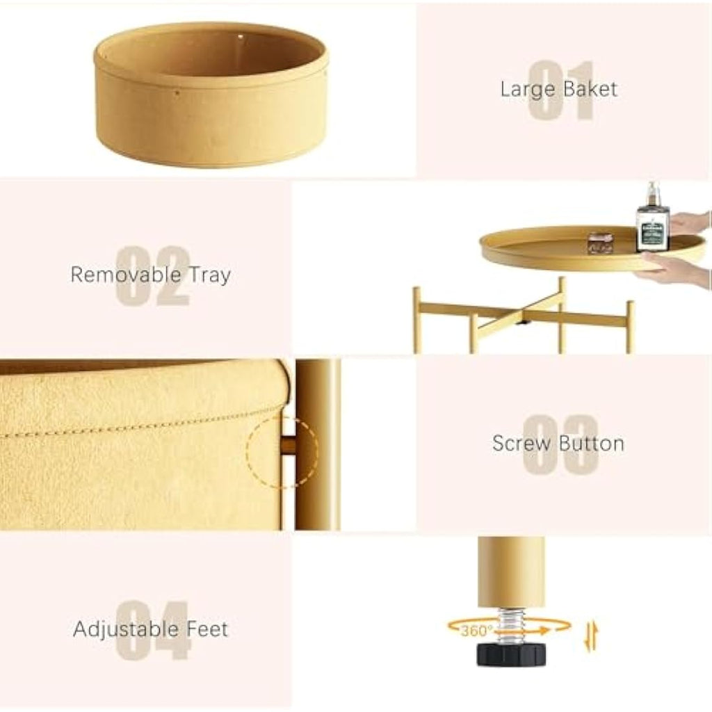 Huhote Round Side Table – Metal End Table with Storage Basket, Gold