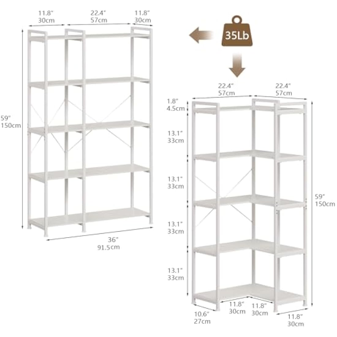 VEDECASA 5-Tier Corner Bookshelf – L-Shaped Industrial Display Rack, White