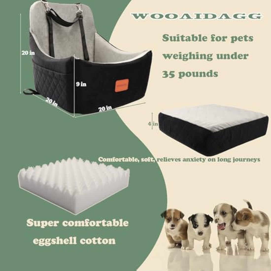 Wooaidagg Dog Car Seat | Memory Foam Pet Booster Bed for Medium Dogs