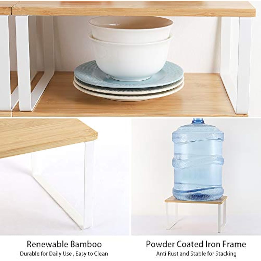 Bamboo Kitchen Shelf Organizer | 4-Pack Stackable White Rack