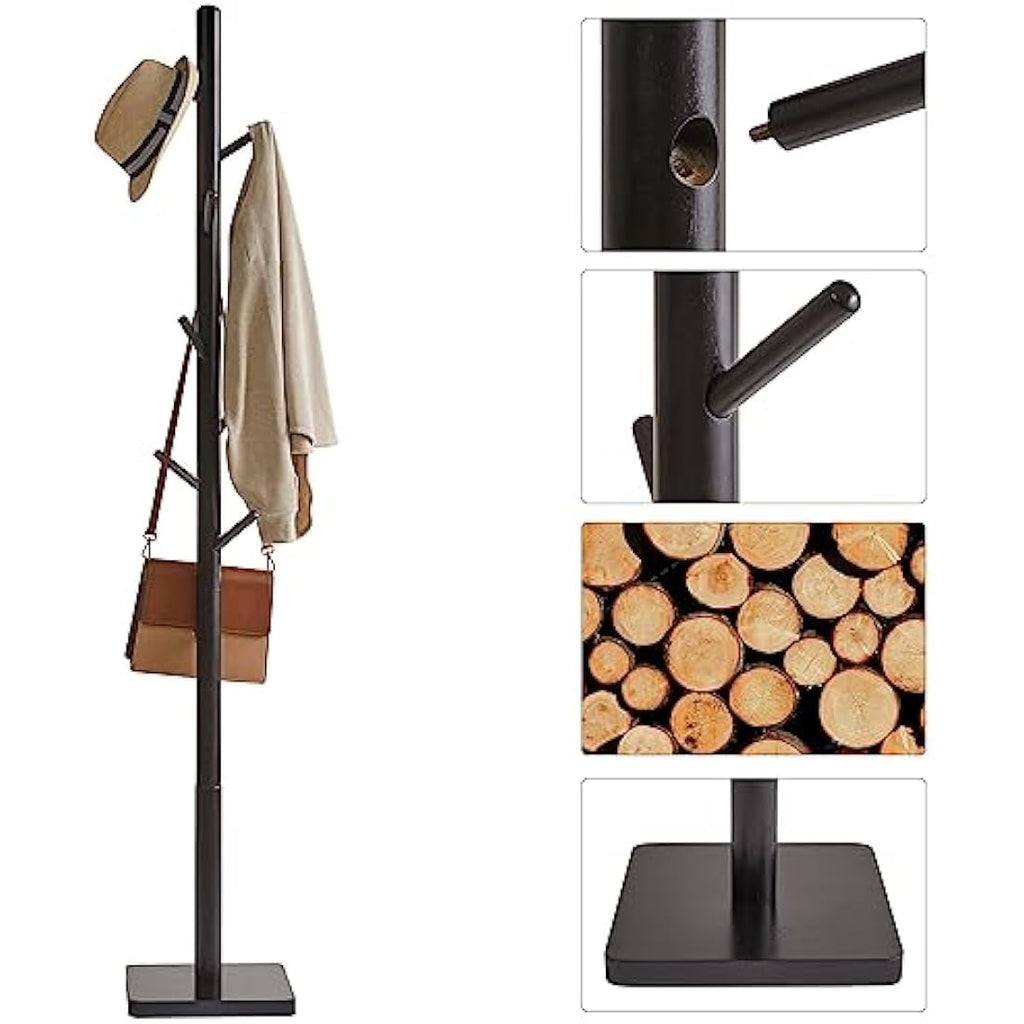 YMYNY Wooden Coat Rack Stand | 8 Hooks Height Adjustable Hall Tree - Black