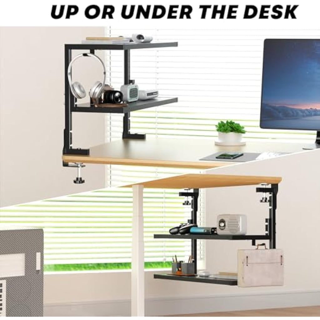 PUTORSEN 2-Tier Clamp-On Desk Shelf – Adjustable Gaming Storage, Black