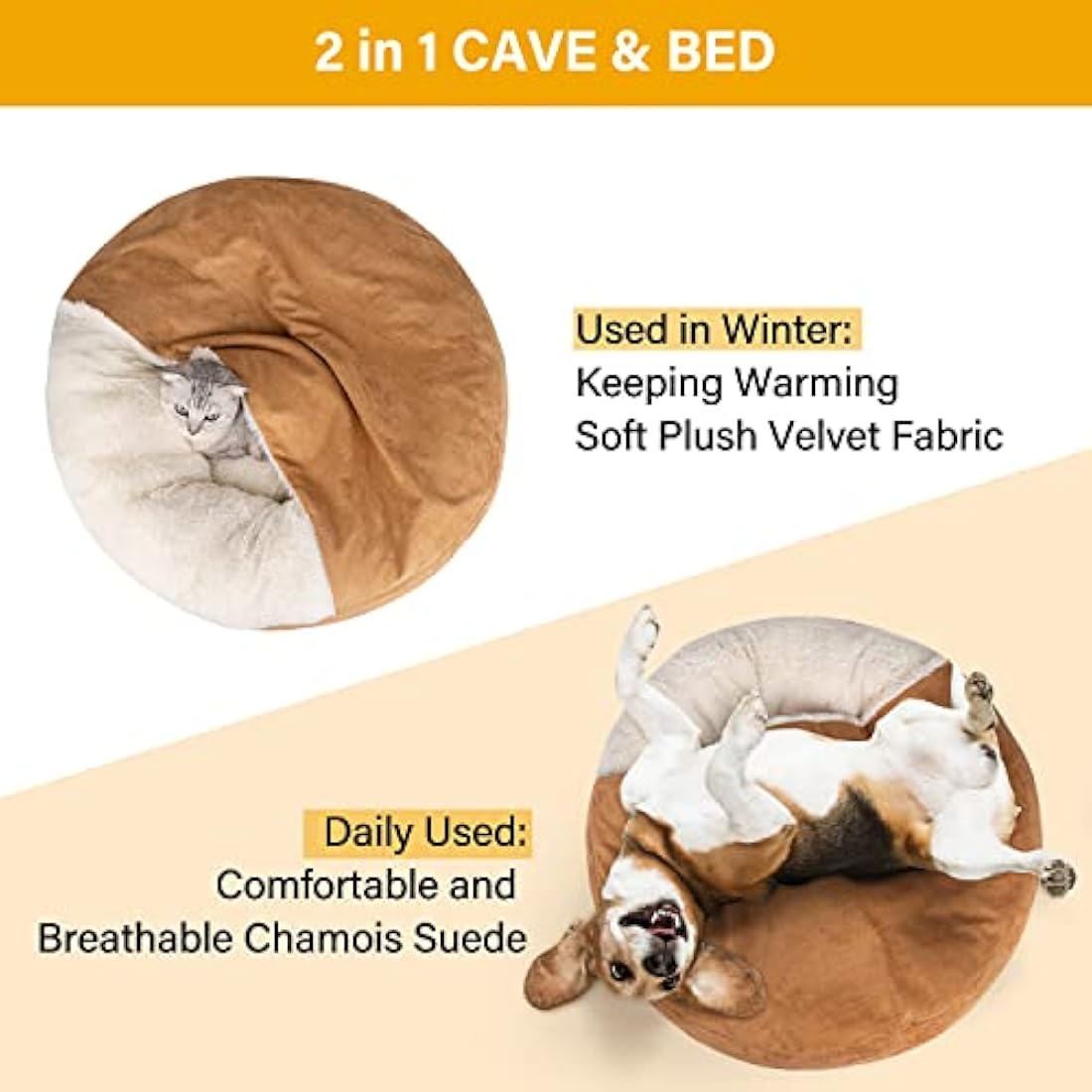 MICOOYO Hooded Donut Dog Bed – Calming Faux Fur Cave Bed, Wheat, Large