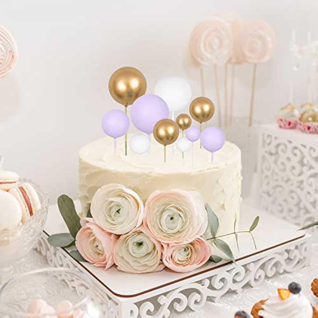 30Pcs Ball Cake Toppers | Purple Gold White Cupcake Picks