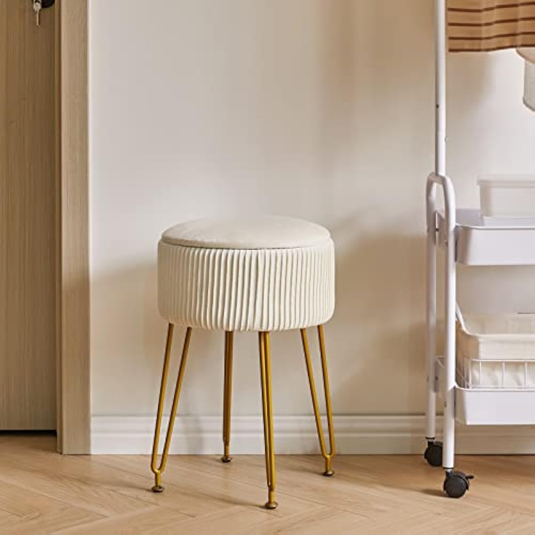 IBUYKE Velvet Storage Ottoman Stool | Vanity Chair with Gold Legs, Cream