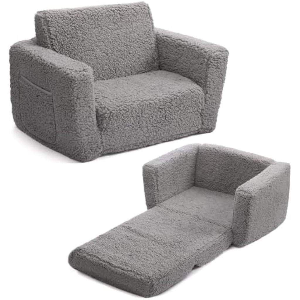 BEJOY 2-in-1 Kids Sofa Bed – Sherpa Toddler Convertible Chair, Grey