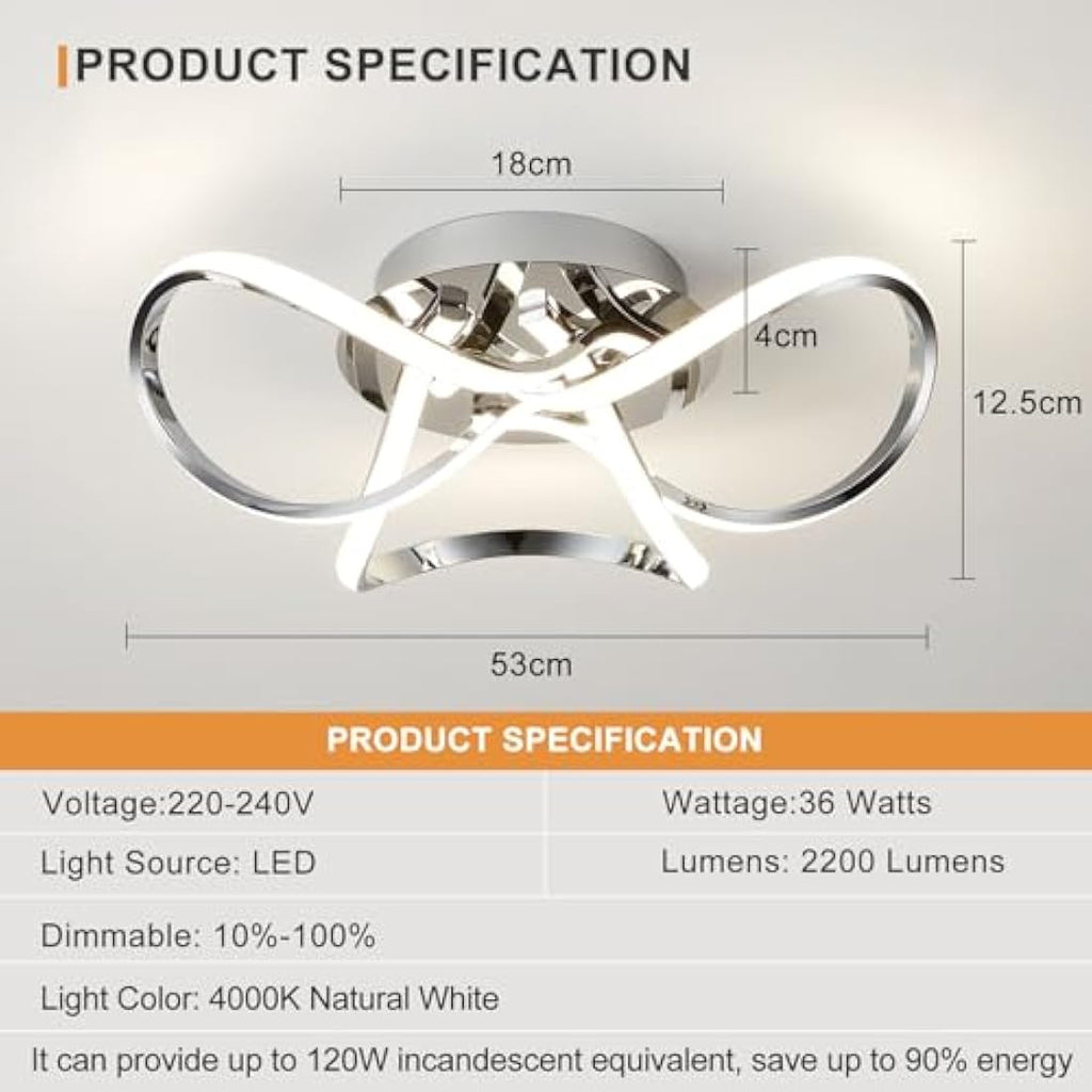Aurolite Chrome LED Semi Flush Ceiling Light | Dimmable Modern Swirl 36W