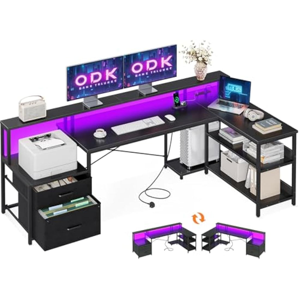 ODK L-Shaped Gaming Desk with LED Lights, Power Outlets & Drawers - Black