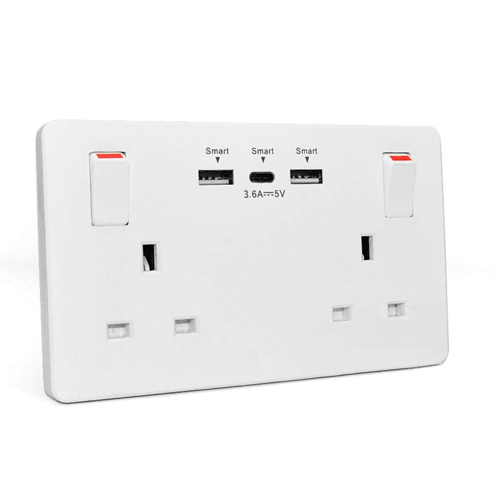 Jolof Store 13A 2 Gang Switched Wall Socket with USB & Type C Fast Charge